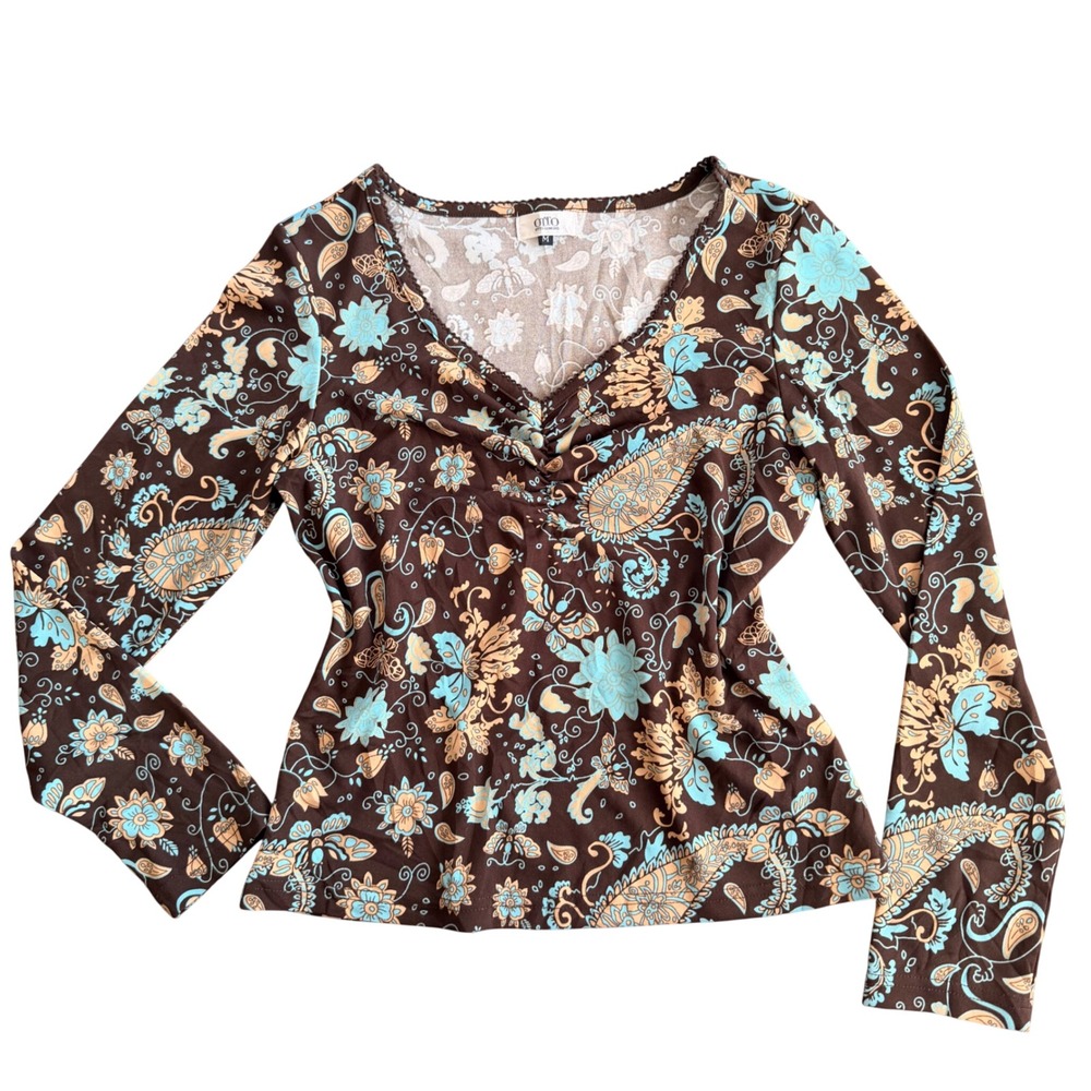 Otto‎ Sumisho Y2K Womens Brown Paisley Floral V-Neck Long Sleeve Size M Boho VTG - Picture 4 of 6